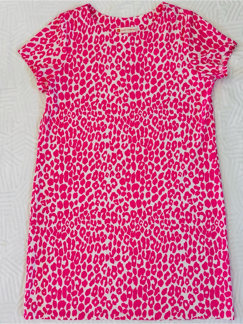 Jude Connally Dress Medium Pink Leopard Print Stretch Shift Dress Short Sleeve